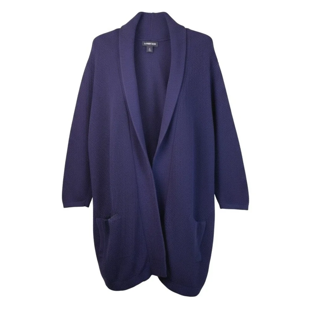 Lands End Cardigan Sweater Size‎ L 14-16 Women's Navy Blue Shawl Collar
